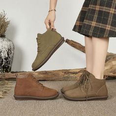 Comfortable, One of Kind. Boots online shop,|Cowhide/Calf|Rubber|Flat|Round Toe|Lace Up|Female|Plush|2.5cm|Dark Coffee|Khaki|Olive Green|35|36|37|38|39|40|Winter Handmade Boots, Handmade Boot, Genuine Leather Sandals, Flats Online, Dark Coffee, Martin Boots, Rubber Heels, Penny Loafers, Handmade Shoes