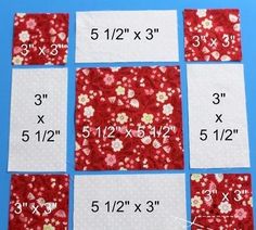 four squares are shown with the measurements for each quilter's size and width