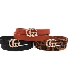 A simple twist on a classic Gucci style belt for women. Same look and feel, but without the hefty price tag. What's more, our belts come in a 3 pack so you'll always have the right color! They feature a gorgeous faux leather strap and a double o-ring buckle! 3 Pack Belt Options: Brown Multi = 1 White belt, 1 Brown Belt, 1 Black Belt Snake Multi = 1 White Snake Pattern Belt, 1 Grey Snake Pattern Belt, 1 Black Snake Pattern Belt Tan Cheetah = 1 Black solid belt, 1 Rust solid belt, 1 Tan cheetah pr Leopard Belt, Gg Belt, Gucci Style, Boutique Trends, Belt For Women, Snake Patterns, Designer Belts, Gucci Fashion, Faux Leather Belts