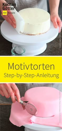 a person cutting into a cake on top of a white plate with pink icing