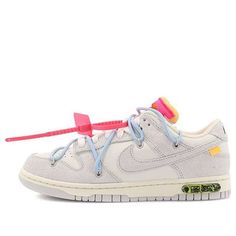 The OFF-WHITE x Nike Dunk Low The 50 NO.38 is a limited edition sneaker collaboration between Virgil Abloh's OFF-WHITE label and Nike. It features a white leather upper with soft grey suede overlays, as well as Virgil's signature touches like the plastic zip tie and printed Helvetica text. Contrasting pops of color arrive via the sneaker's secondary lacing system, zip-tie, exposed-foam tongue and rectangular tab affixed to the Swoosh. (SNKR/Skate/Low Top/Crossover) Sneaker Wallpaper, Sneaker Collaboration, Off White Dunks, Nike X Off White, Off White Dunk, Sneakers Wallpaper, Off White X Nike, Nike Off White, Dunk Low Nike