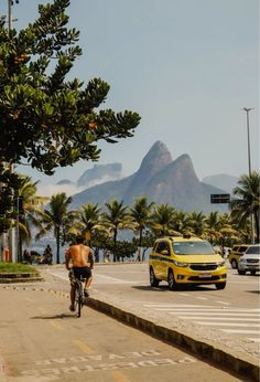 a bicyclist rides down the street in front of mountains and palm trees