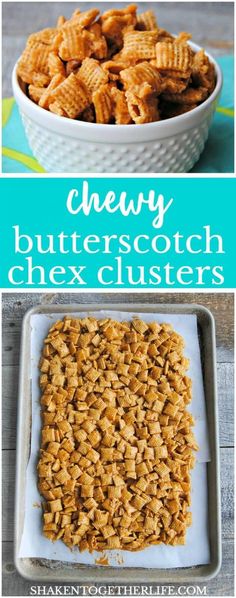 cheesy butterscotch chex clusters in a white bowl and on a blue background