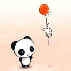 a panda bear flying a red balloon with a bunny rabbit on it's back