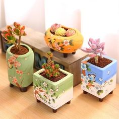 four small pots with plants in them sitting on a table