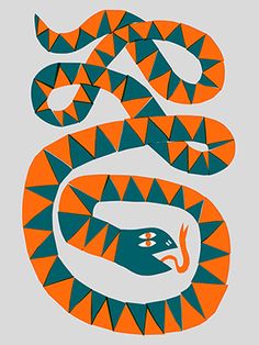 an orange and blue snake with spikes on it's head is in the shape of a triangle