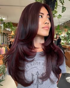 Long Dark Burgundy Butterfly Cut Cherry Red Hair With Layers, Layers Red Hair, Summer Red Hair Color, Dark Burgundy Hair Color, Dark Cherry Hair, Cola Hair, Dark Burgundy Hair, Burgundy Hair Dye, Wine Hair Color