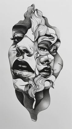 a black and white drawing of a woman's face