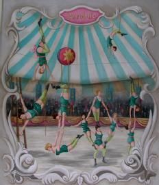 a group of women doing acrobatic tricks in front of a circus tent