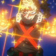 an anime character with his hands up in the air and glowing stars around him,