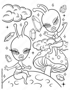 an alien coloring page with two girls flying over the earth and stars in the sky