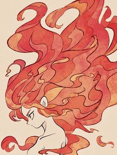 a drawing of a woman with long red hair and orange streaks on it's face