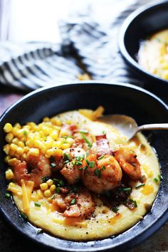 shrimp and grits with corn in a skillet