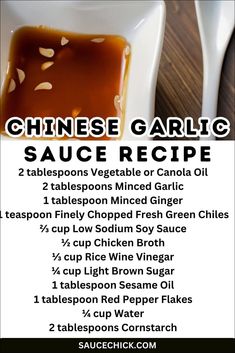 a menu for chinese garlic sauce recipe with two spoons next to it on a wooden table