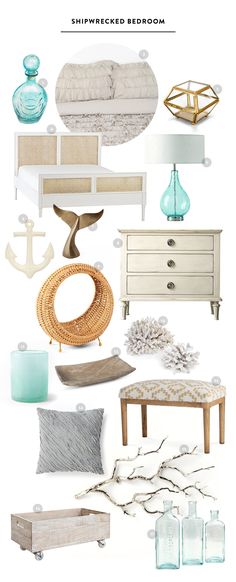 a collage of furniture and accessories with text overlaying it that reads, beachy chic