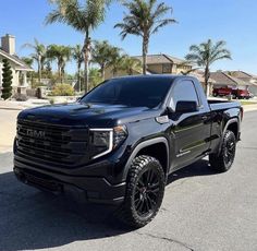 a black truck parked on the side of a road next to palm trees and houses