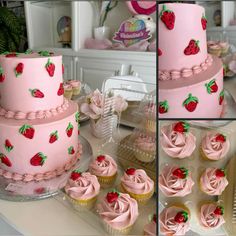 there is a pink cake with strawberries on it and cupcakes in the background