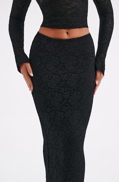 Fernanda Maxi Skirt - Black Black Fitted Bottoms With Delicate Lace, Fitted Black Bottoms With Delicate Lace, Fitted Bottoms With Lace Trim For Evening, Fitted Lace Trim Bottoms For Evening, Long Lace Skirt For Evening, Evening Long Lace Skirt, Long Lace Evening Skirt, Fitted Party Bottoms With Delicate Lace, Chic Lace Maxi Skirt With Lace Trim