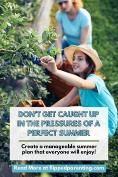 two women picking berries from a bush with the caption don't get caught up in the pressures of a perfect summer