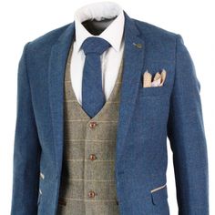 marc-darcy-dion-mens-blue-tan-brown-3-piece-herringbone-tweed-check-vintage-tailored-fit-suit (3) Blue Tweed Wedding Suits, Mens Wedding Attire, Checked Suit