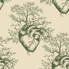 the human heart is surrounded by trees and leaves on a beige background with black ink