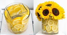 two pictures with lemons and water in them, one is filled with lemon slices the other has sunflowers