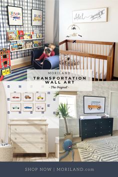 a child's room with transportation wall art