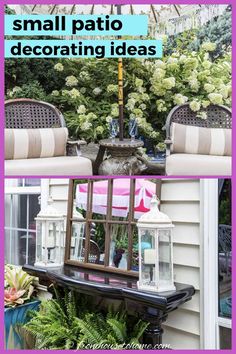 an outdoor patio decorated in pink and white with text overlay that reads small patio decor ideas