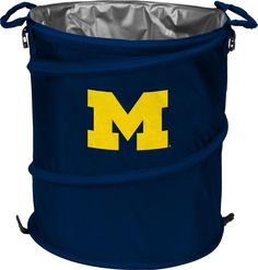 the michigan wolverines logo is shown on this large blue and yellow trash can holder