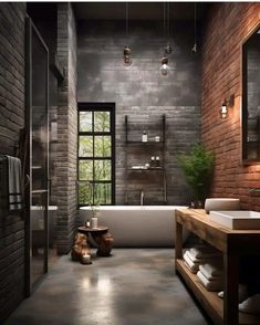 a large bathroom with brick walls and flooring