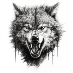 a drawing of a wolf's face with blood dripping down the side and it's mouth open