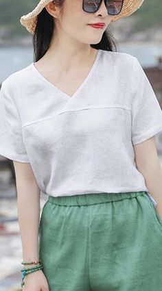 Blouse Simple, Linen Top Women, Linen Shirts Women, Simple Blouse, Shirts Summer, Loose Style, Linen Top, Linen Women