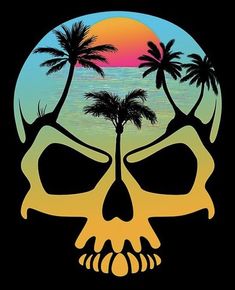 a skull with two palm trees in the background