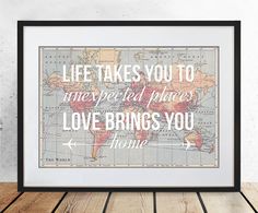 a framed map with the words love brings you home