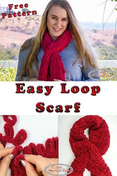 the easy loop scarf is knitted in red yarn, and it looks great for beginners