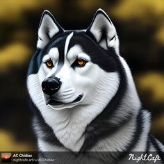 a black and white husky dog with orange eyes