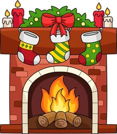 a christmas fireplace with stockings and stockings on it