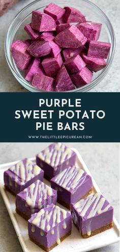 purple sweet potato pie bars on a plate with the words, purple sweet potato pie bars