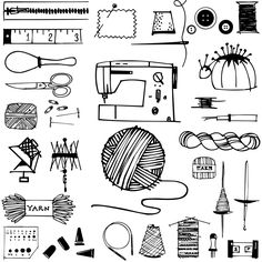 various sewing and needleing supplies are shown in this black and white image, including scissors, thread, spools