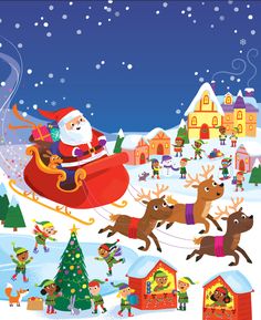 santa claus is riding in his sleigh with reindeers and other christmas decorations