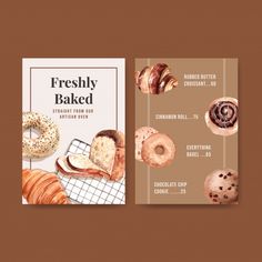 two bakery business cards with donuts, croissants and other pastries