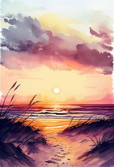 a watercolor painting of a sunset over the ocean with grass on the beach and clouds in the sky