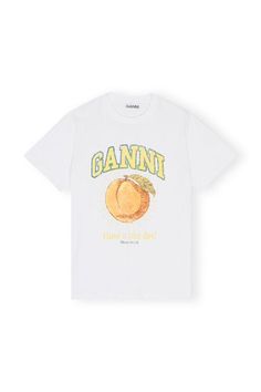 This Relaxed Peach T-shirt is made from organic cotton. The t-shirt is designed for a relaxed fit and features a round neckline, short sleeves and a graphic GANNI print. GANNI Short Sleeve Relaxed Peach T-shirt in White | Women's Size 2XS | Cotton/Organic Cotton Ganni T Shirt, Chunky Loafer, Twill Jacket, White Crew Neck, Cool Tees, White Denim, Casual T Shirts, Logo Print, Printed Shorts