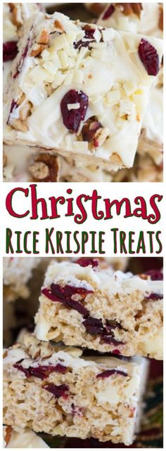 white chocolate cranberry pecan rice krispie treats stacked on top of each other