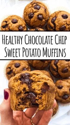 healthy chocolate chip sweet potato muffins on a white plate with text overlay