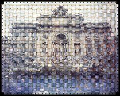 an old building with many different colored tiles on the front and back side, including a statue