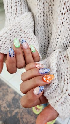 #nailart #tequila #limonNails Tequila Nails Design, Tequila Nails, Trendy Nails Orange, Beachy Summer Nails, Spanish Tile Nails, Nail Ideas Fun, Mediterranean Nails, Med Nails, Lake Nails