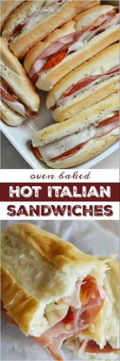 hot italian sandwiches with meat and cheese on them are shown in three different pictures, one is cut in half