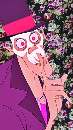 an animated man in a purple suit and top hat holding a cell phone to his mouth