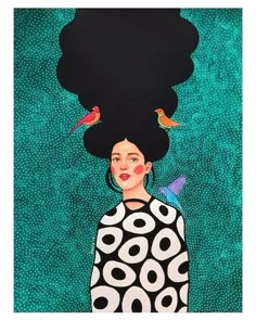 a painting of a woman with birds on her head and hair in the shape of an afro